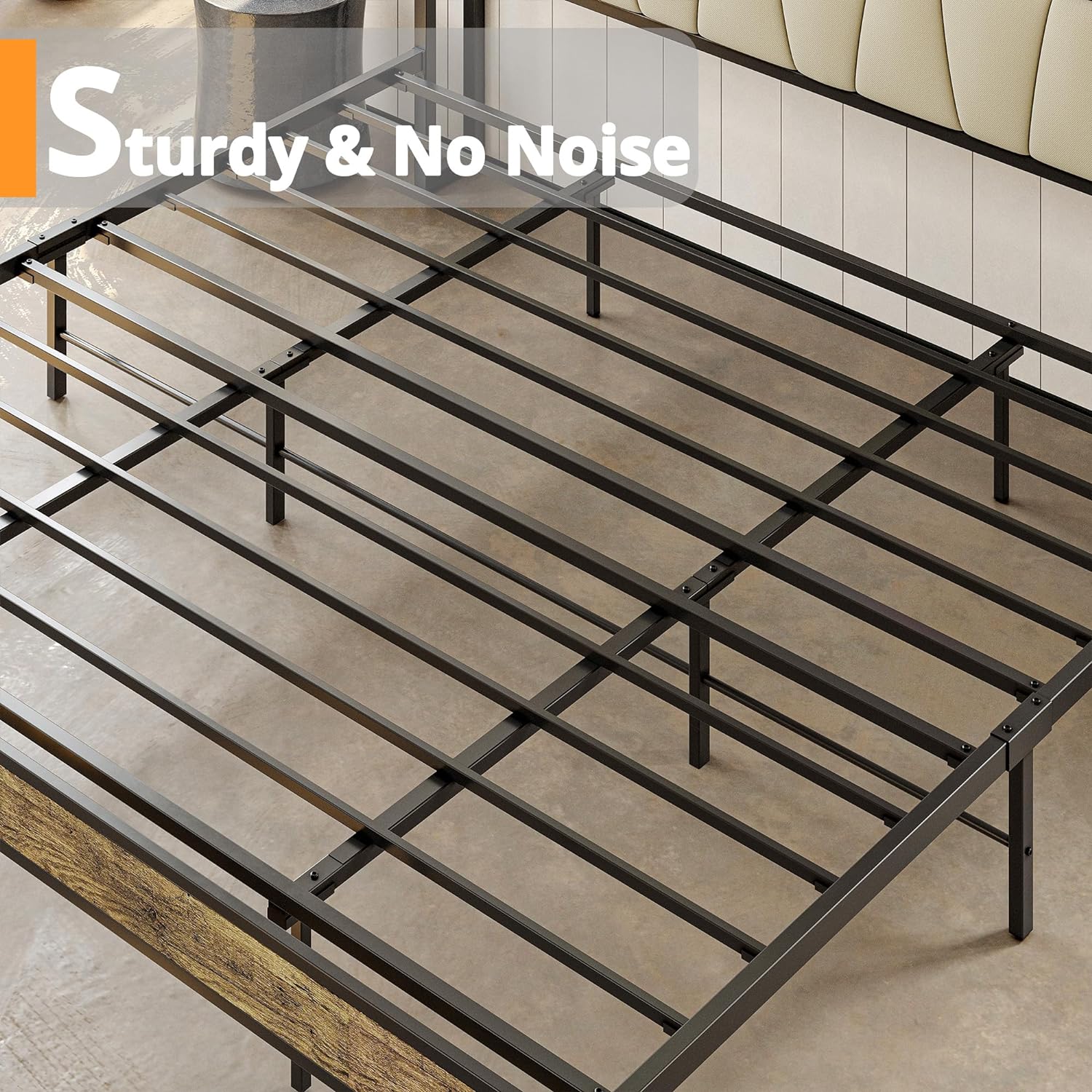 LIKIMIO King Bed Frame, Storage Headboard with Charging Station, Solid and Stable, Noise Free, No Box Spring Needed, Easy Assembly (Walnut and Beige)
