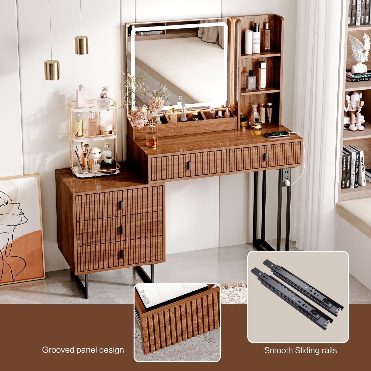 Large Vanity Desk with 3 Color Touch Screen Dimming Mirror, Vanity Desk with Charging Station, Modern Retractable Makeup Dressing Table, Makeup Table With storage shelves and 5 Sliding Drawers, Walnut