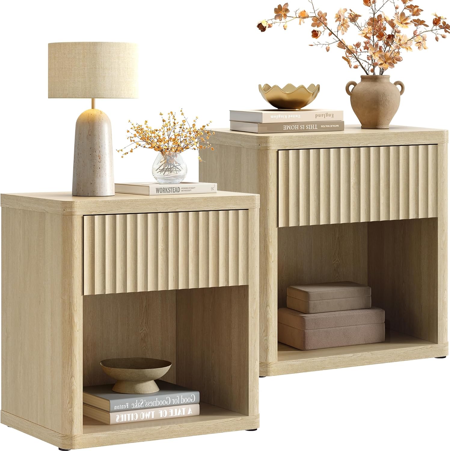 SICOTAS Night Stand Set 2 with Large Drawer 24" Tall Fluted Modern Nightstands Wide Bedside Table for Bedroom Sofa Office, Nightstand with Spacious Storage Minimalist Design, Easy Assembly