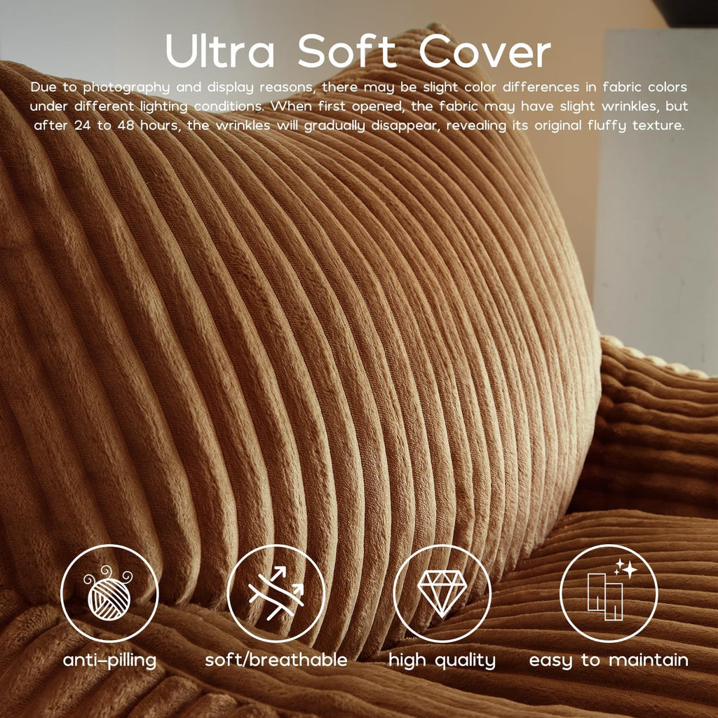 Giant Bean Bag Chair for Adults, Oversized Beanbag Sofa with Armrests and Back Support, Filler Included, Ultra Soft Stuffed Floor Couch for Bedroom, Reading and Lounging, Living Room(Brown)