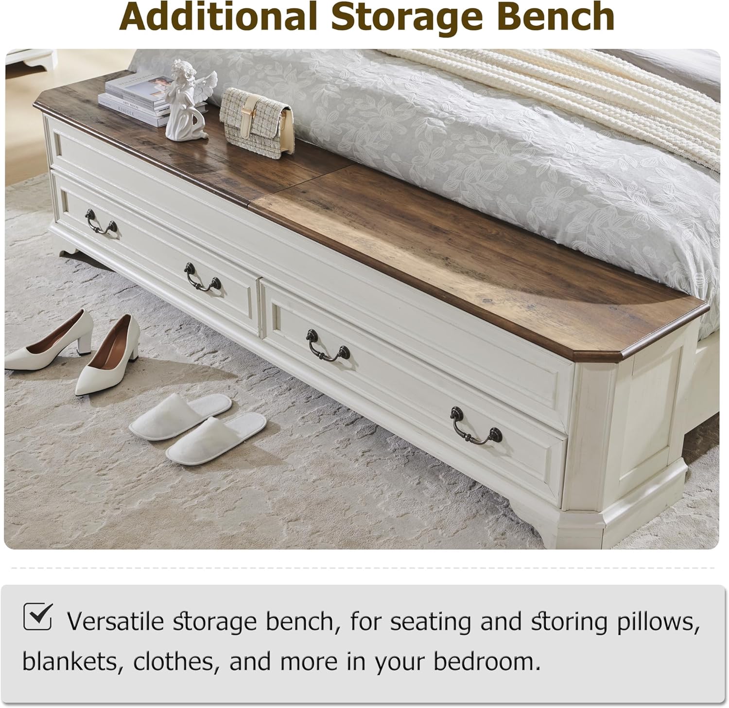 T4TREAM Farmhouse King Bed with Headboard and Storage Bench, Rustic Wood Platform Bed with 80" Storage Chest w/ 4 Large Drawer (Antique White)