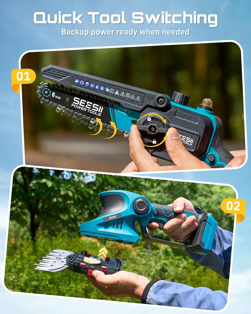 SEESII Electric Chainsaw Trimmer Pruner: 4-in-1 Cordless Chainsaw, Hedge Trimmer, Pruning Shears with 2× Rechargeable 4000mAh Batteries, Garden Tool Kit for Tree Trimming and Branch Cutting