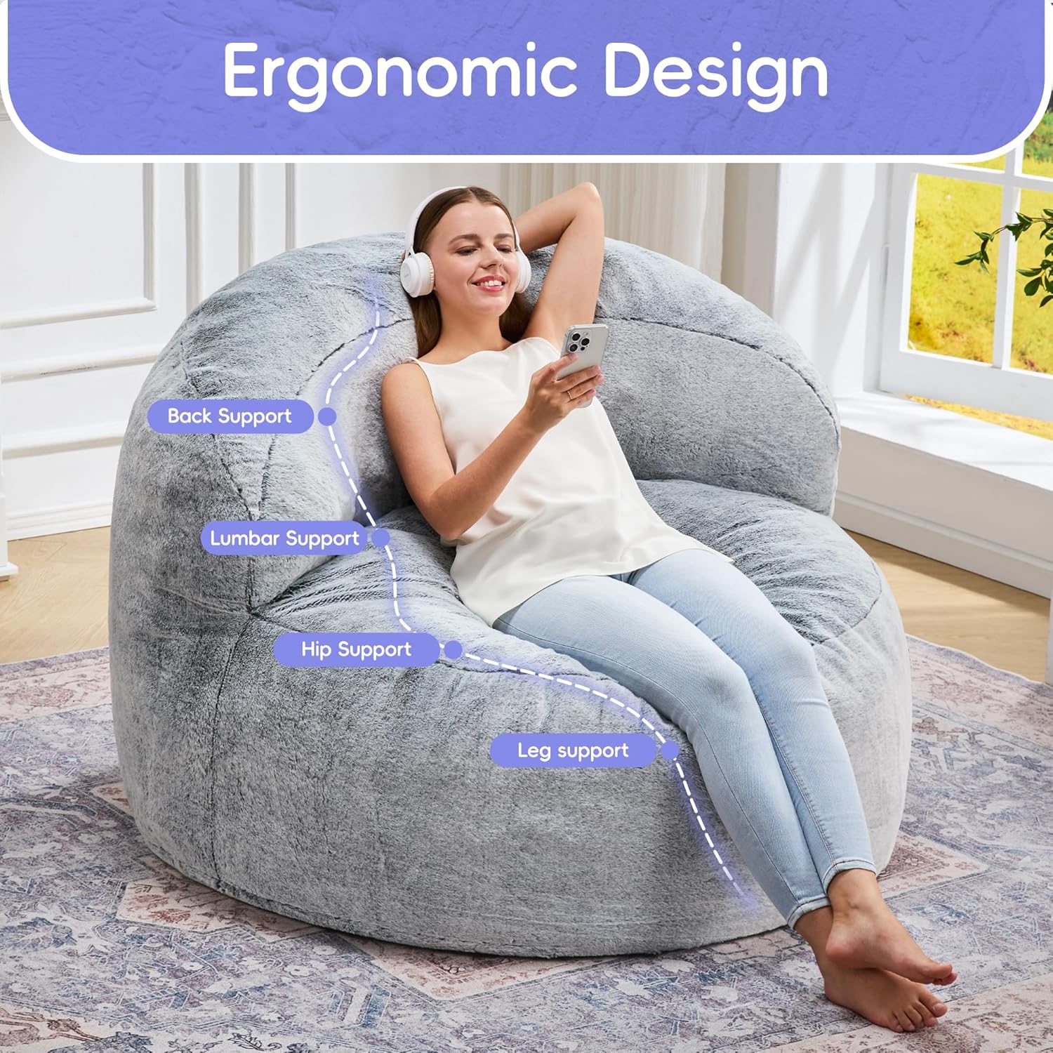 Hobestluk Bean Bag Chair Giant Bean Bag Chairs for Adults Big Bean Bag Chair with Memory Foam Filler Adults Large Beanbag with Faux Fur Cover for Bedroom (Plush Grey,Oversize)