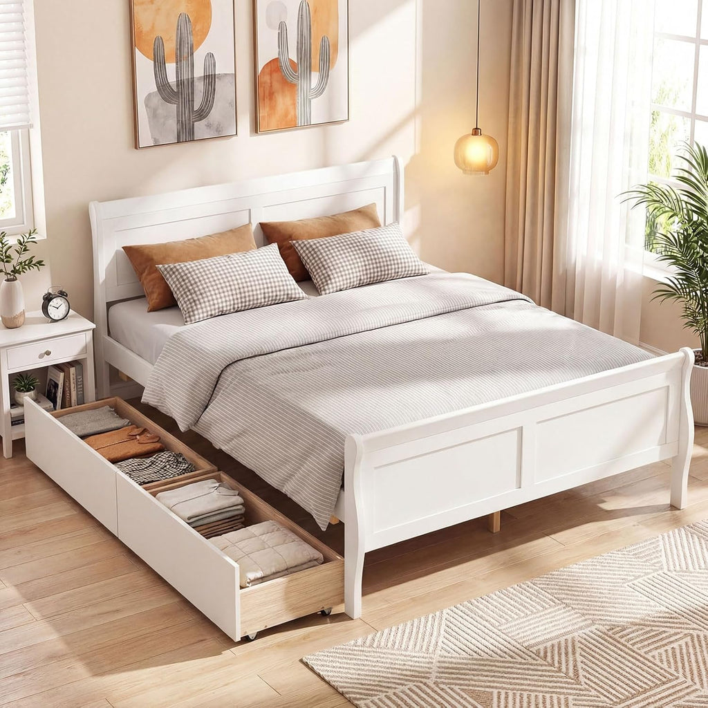 Giantex Full Bed Frame with 2 Storage Drawers, Wood Platform Bed with Headboard & Footboard, Wooden Slats Support Mattress Foundation, Sleigh Bedframe for Teens Adults, No Box Spring Needed (White)