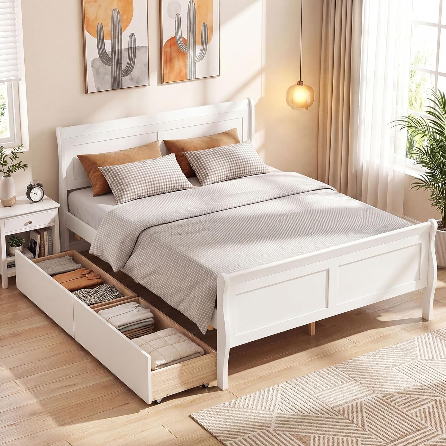 Giantex Full Bed Frame with 2 Storage Drawers, Wood Platform Bed with Headboard & Footboard, Wooden Slats Support Mattress Foundation, Sleigh Bedframe for Teens Adults, No Box Spring Needed (White)