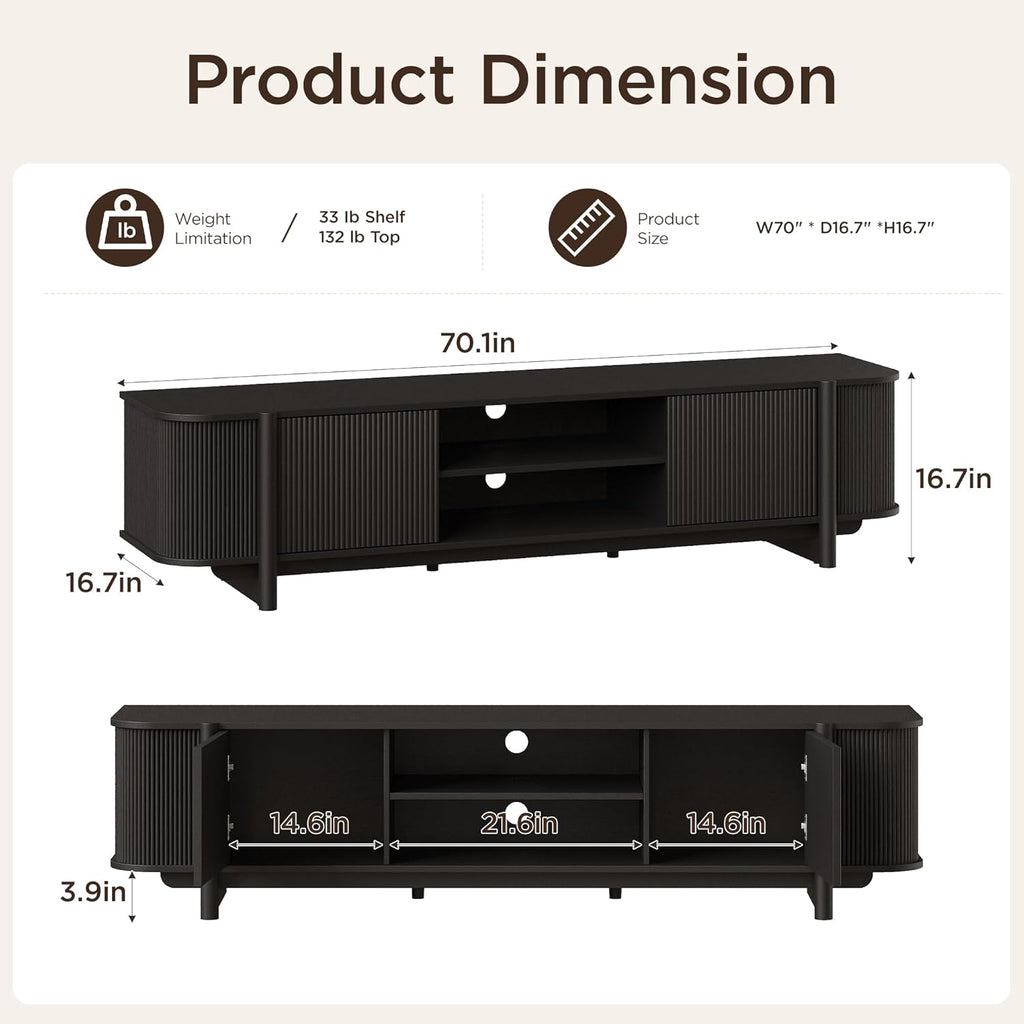 Vabches 70" Mid Century TV Stand for TVs up to 80 Inch,Fluted Entertainment Center with Storage and Adjustable Shelves,Modern Media Console Table for Living Room,Bedroom,Black