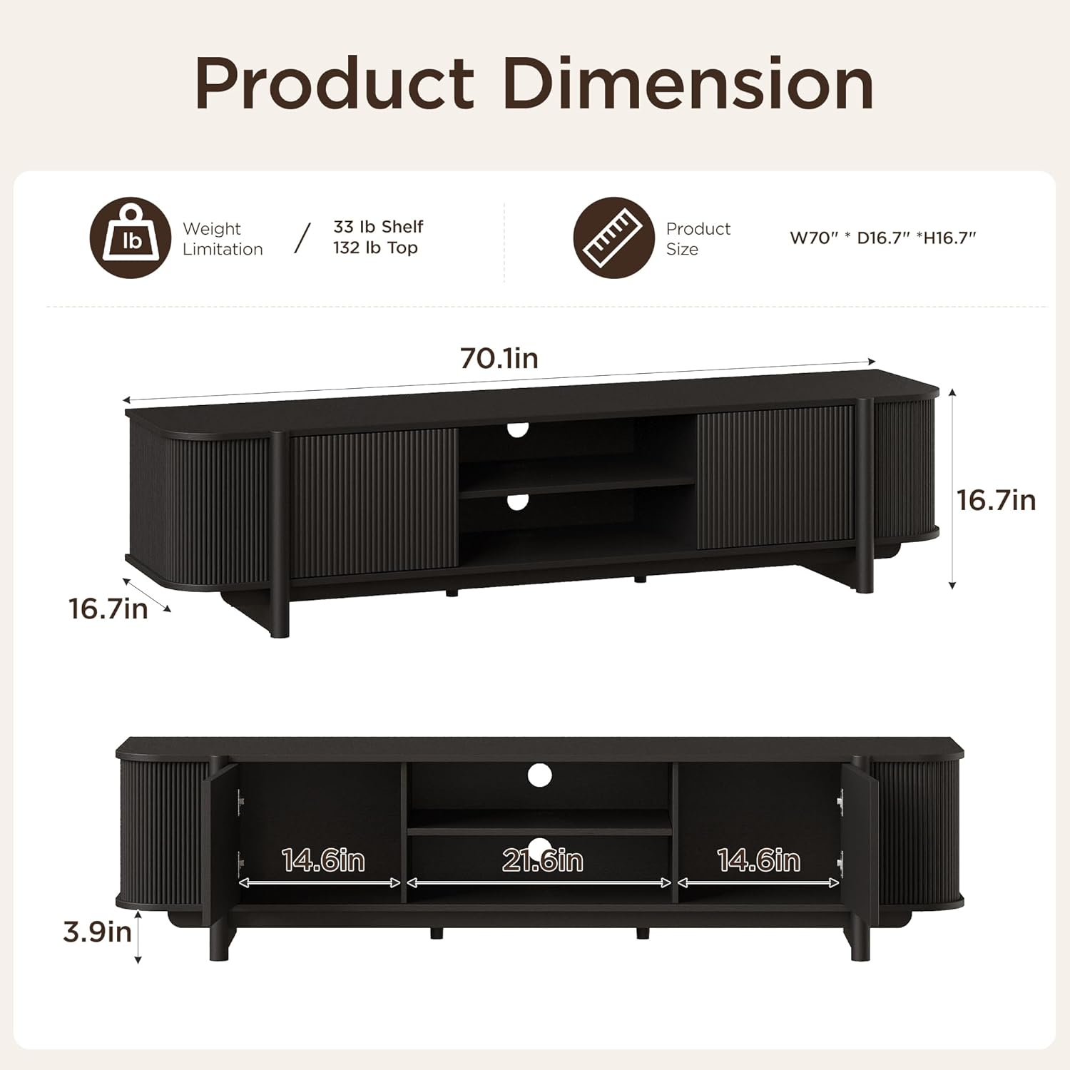Vabches 70" Mid Century TV Stand for TVs up to 80 Inch,Fluted Entertainment Center with Storage and Adjustable Shelves,Modern Media Console Table for Living Room,Bedroom,Black