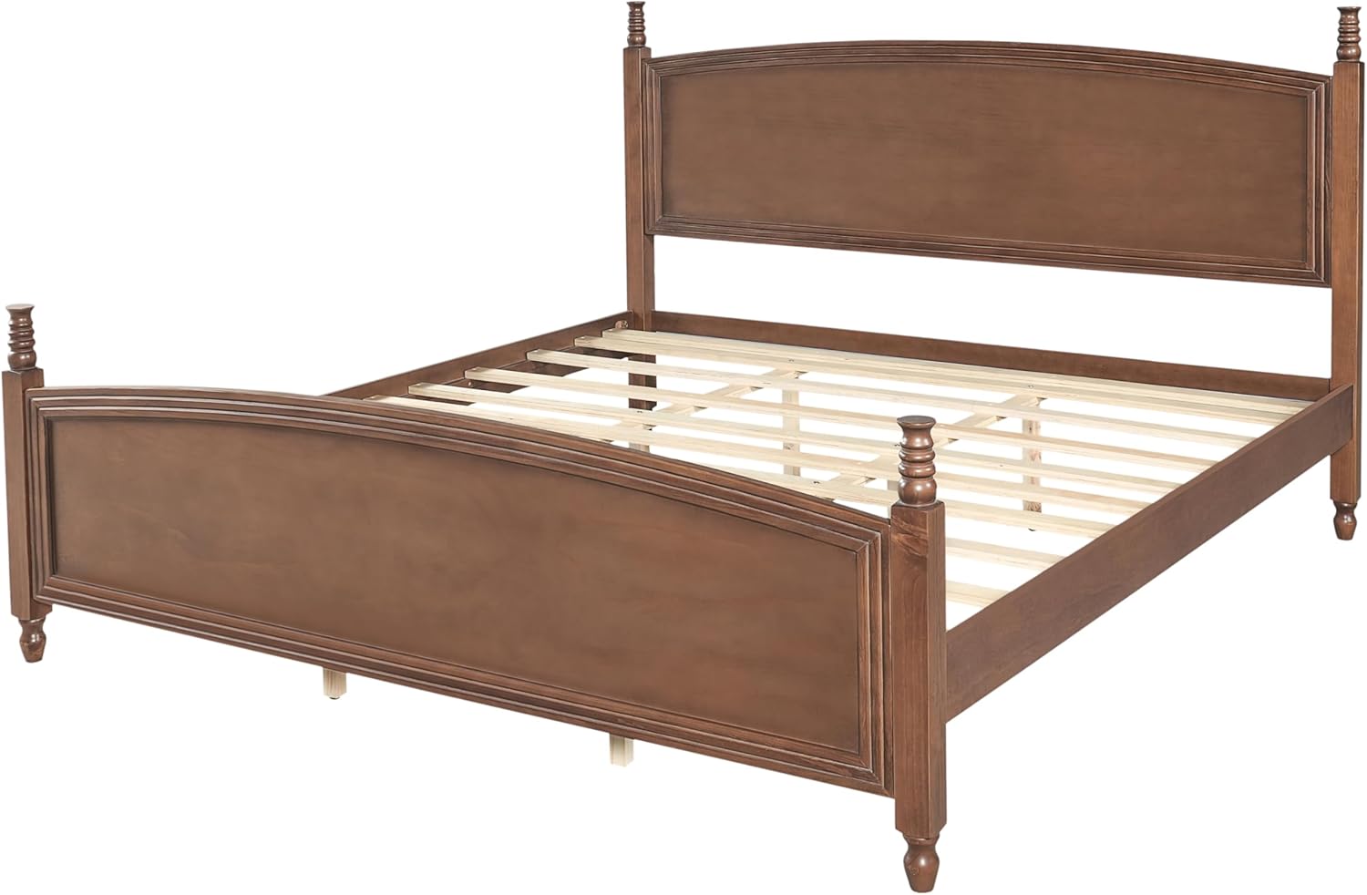 Christopher Knight Home King Bed Frame with Curved Headboard & Footboard, Solid Pine Wood Platform Bed Frame King Size, Mid Century Modern Bedframe with Wood Slat Support, No Box Spring Needed, Walnut