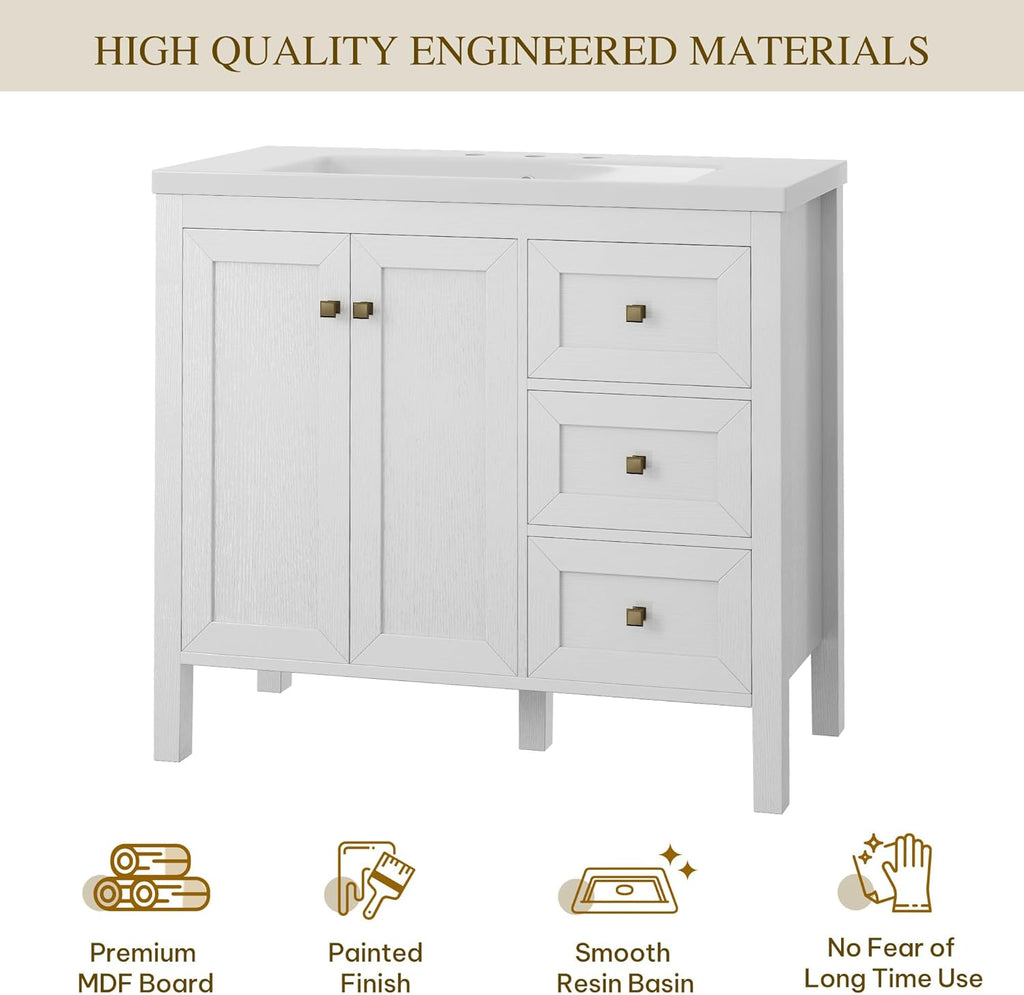 DWVO 36 Inch Bathroom Vanity with Sink, Modern Bathroom Storage Cabinet with Resin Basin, Three Holes, 2 Doors & 3 Drawers