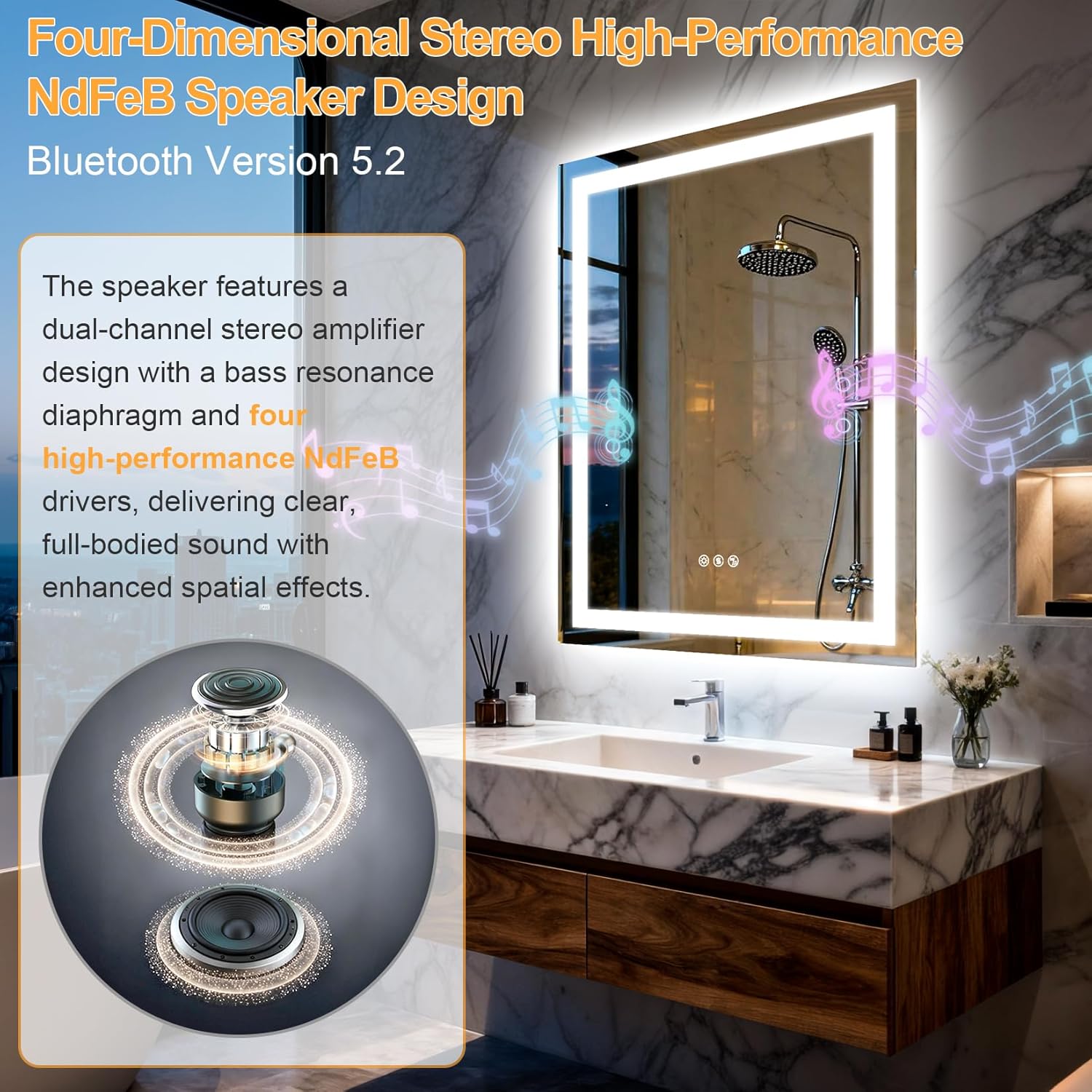 24"x32" LED Bathroom Mirror with Lights,Bluetooth Dual Speaker,Anti-Fog,3 Color Temperature,Dimmable Brightness,Memory Function,Waterproof,Wall Mount Design,Tempered Glass
