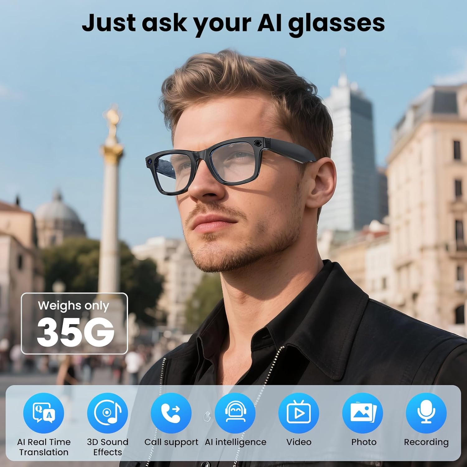 Mingtawn AI Smart Glasses 4K HD Camera, BT Call, 800W Anti-Shake Camera Glasses with Video Recording Dual Mic, Simultaneous Interpretation/GPT Identify Objects, 270mAh Photochromic Glasses（Black