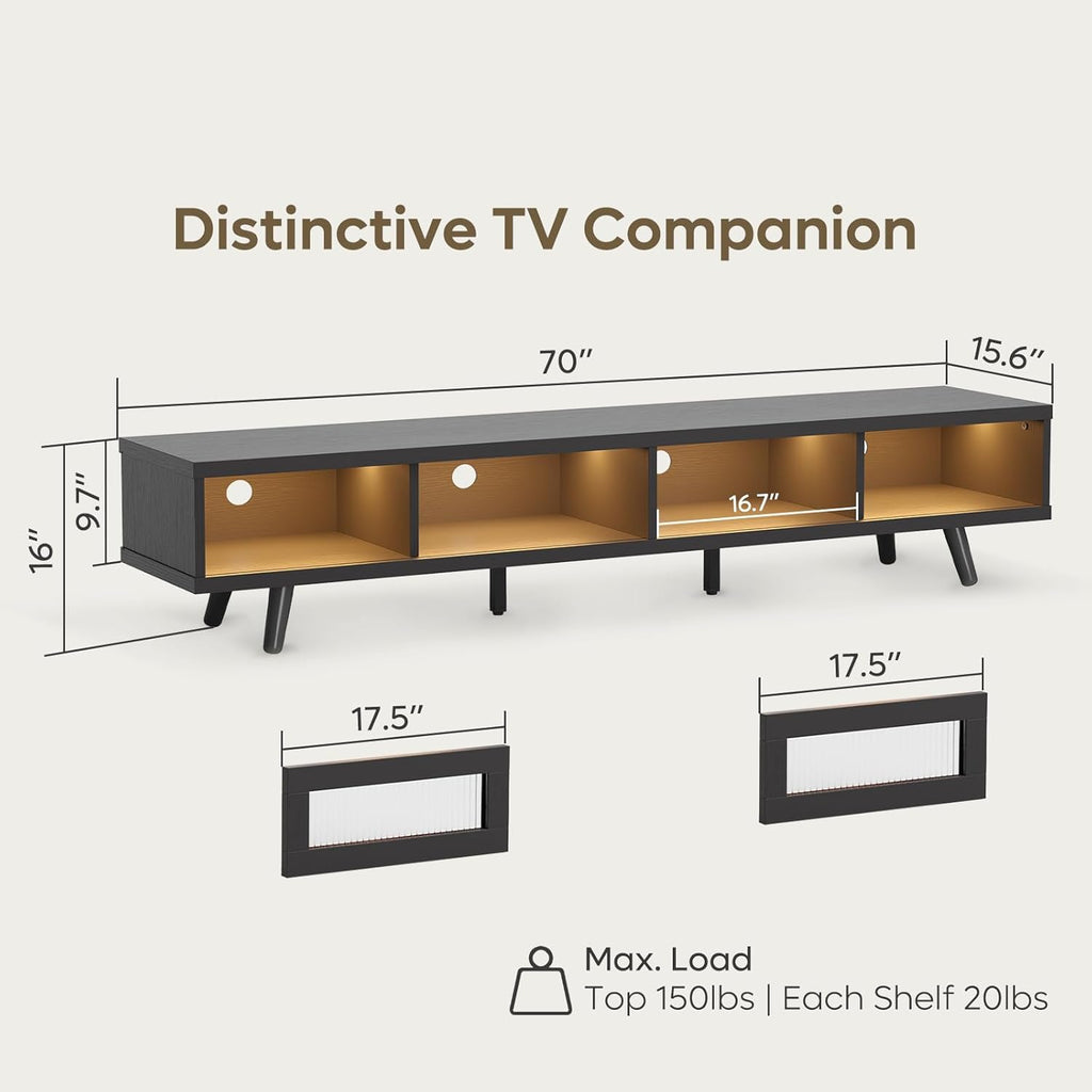 Bestier Mid Century Modern TV Stand for 75 inch TV, LED Entertainment Center with Storage and Sliding Doors, Low Profile TV Consoles for Living Room, Embossed Black
