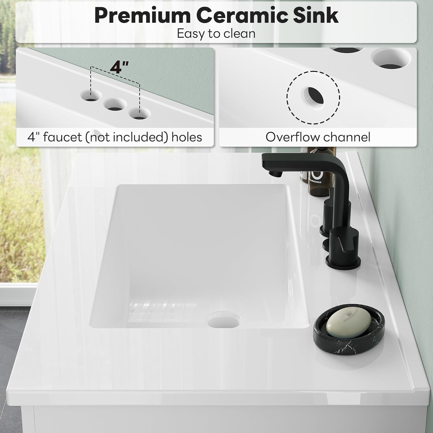 LIKIMIO 30" Bathroom Vanity with Sink, Freestanding Bathroom Vanity with 1 Soft-Close Door & 2 Drawers, Integrated Rectangular Ceramic Sink, Modern Bathroom Storage Cabinet, Easy Assembly, White