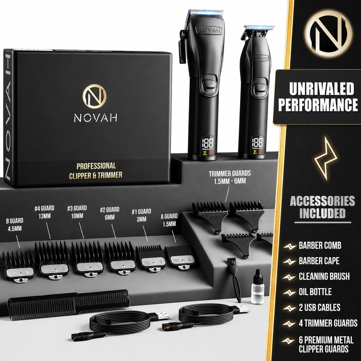 Novah® Professional Hair Clippers for Men, Professional Barber Clippers and Trimmer Set, Mens Cordless Hair Clipper for Barbers Haircut Kit Fade
