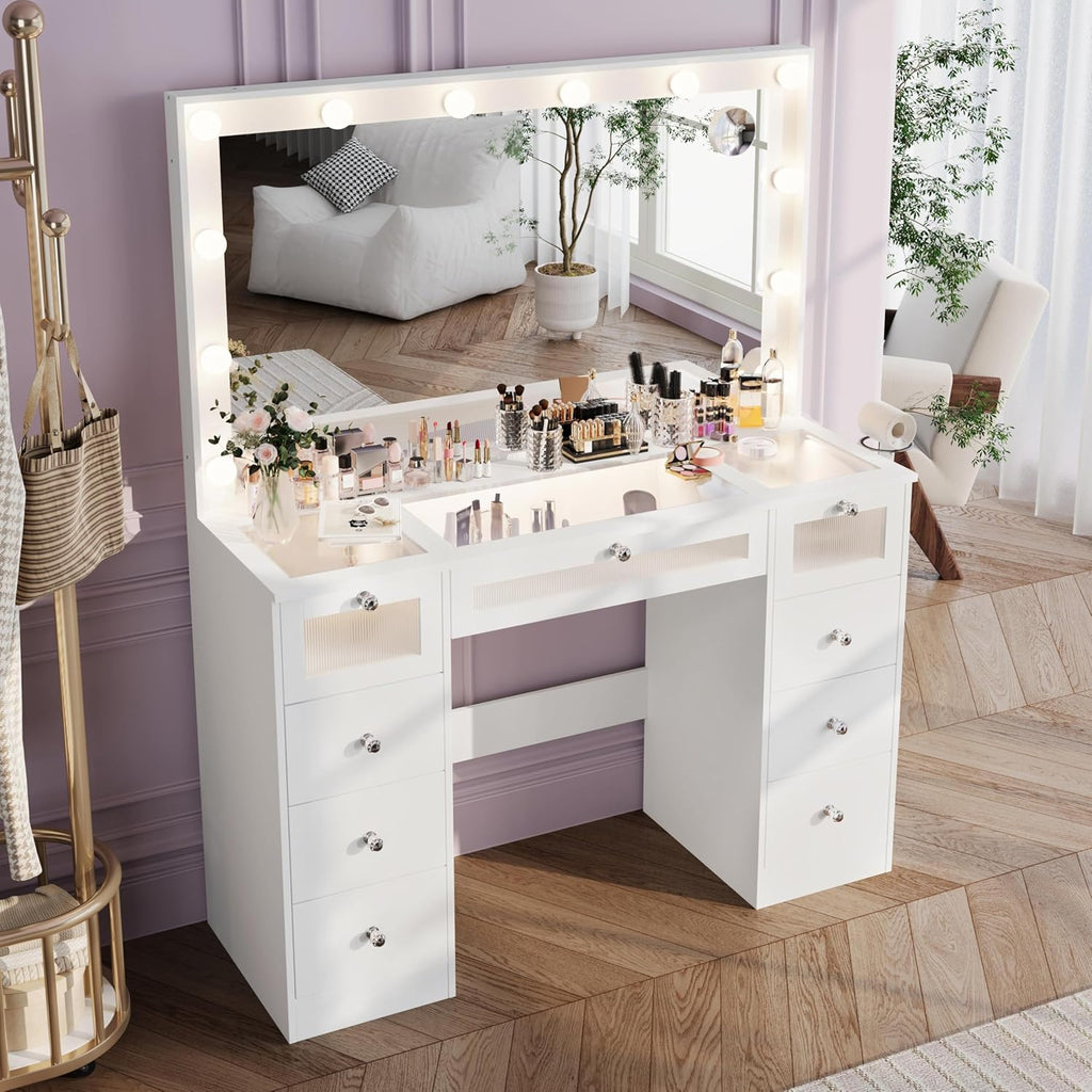 IFSEB Makeup Vanity Desk with LED Lights and Large 36.9'' Mirror, 9 Drawers Vanity with Glass Top & 3 Color Hollywood Bulbs, Make Up Vanity with Charging Station & Crystal Knobs for Woman, White