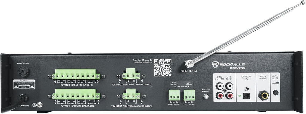 Rockville PRE-70V 8-Zone Stereo Preamp Mixer with Bluetooth, USB/SD/FM, Mic Inputs, Chime, Bass/Treble Control, for 70V Audio Systems