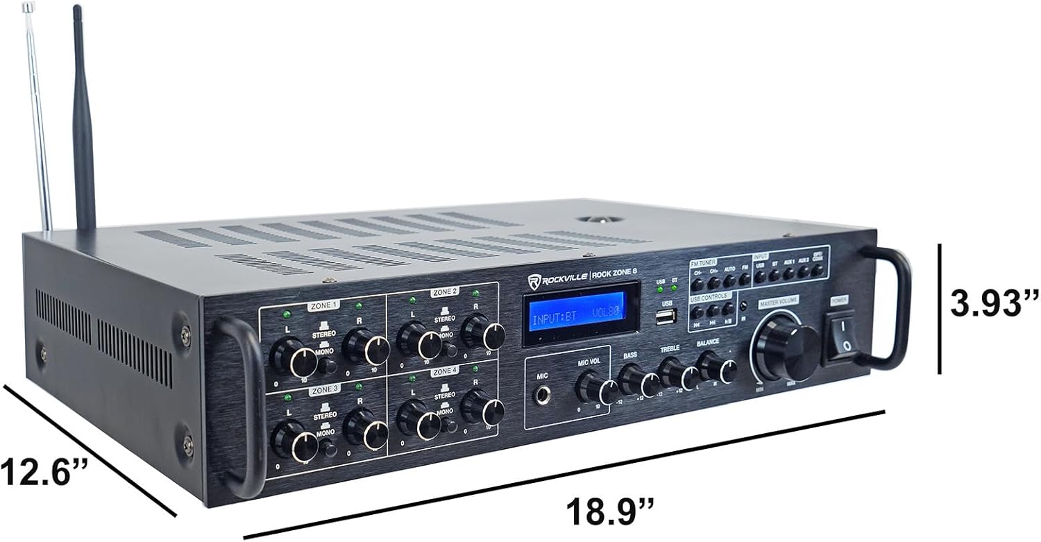 Rockville Rock Zone 8 Channel 1000W Commerical Receiver for Restaurant/Bar/Cafe