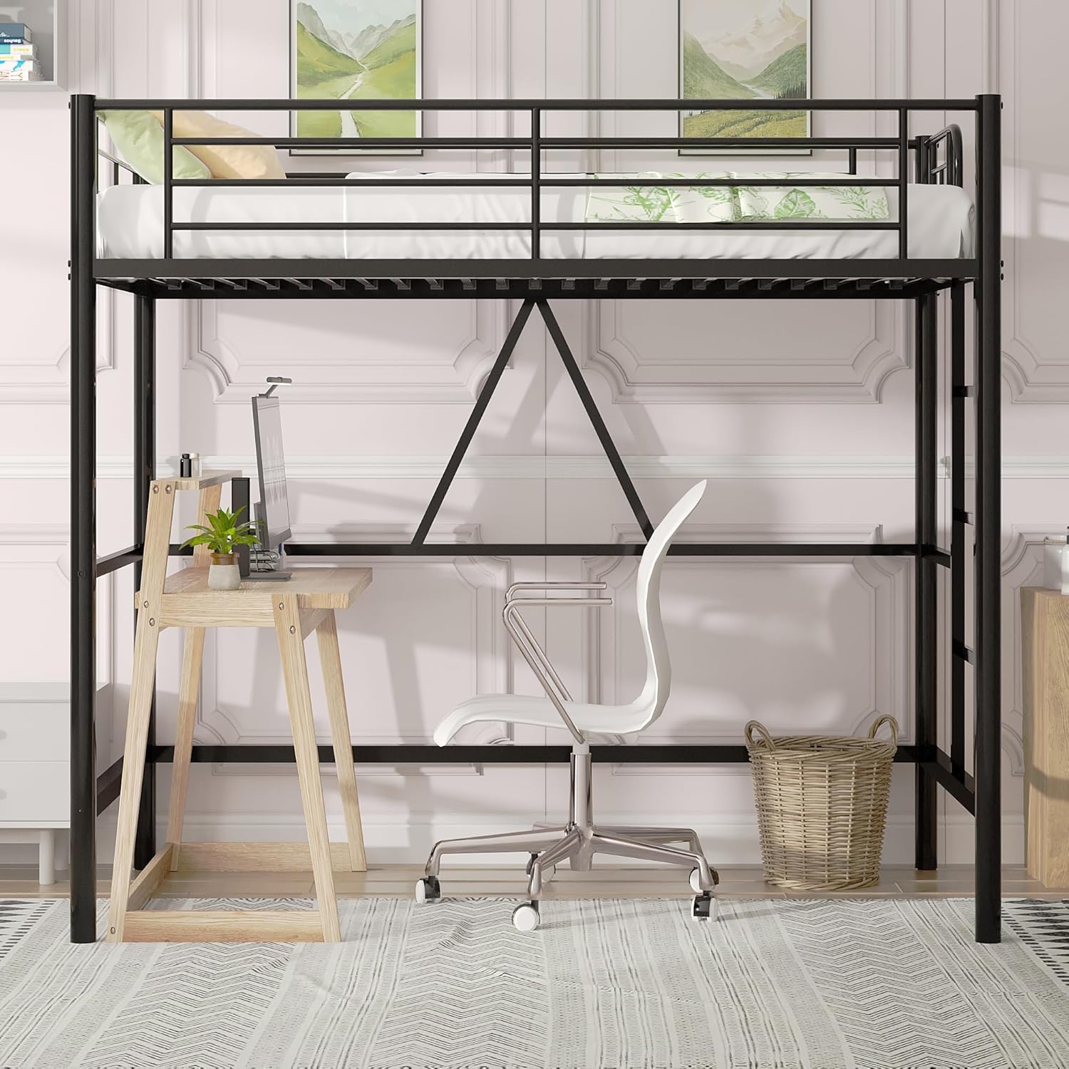 VECELO Metal Loft Bed Twin Size, Heavy Duty Bedframe with Removable Ladder and Safety Guardrail, Space-Saving, Noise Free, No Box Spring Needed, Matte Black
