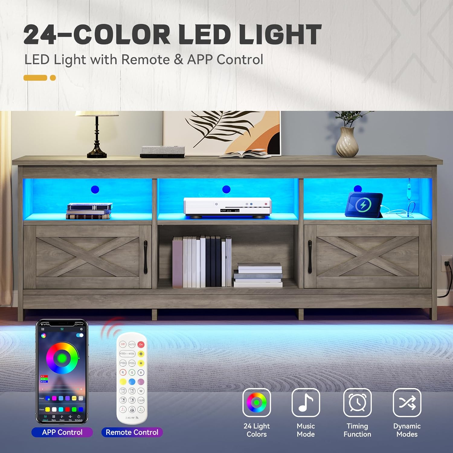YITAHOME TV Stand for 80/75/70 Inch TVs, Farmhouse Entertainment Center with LED Lights & Storage Cabinets, Open Shelves & Adjustable Shelf, TV Consoles for Living Room, Washed Gray