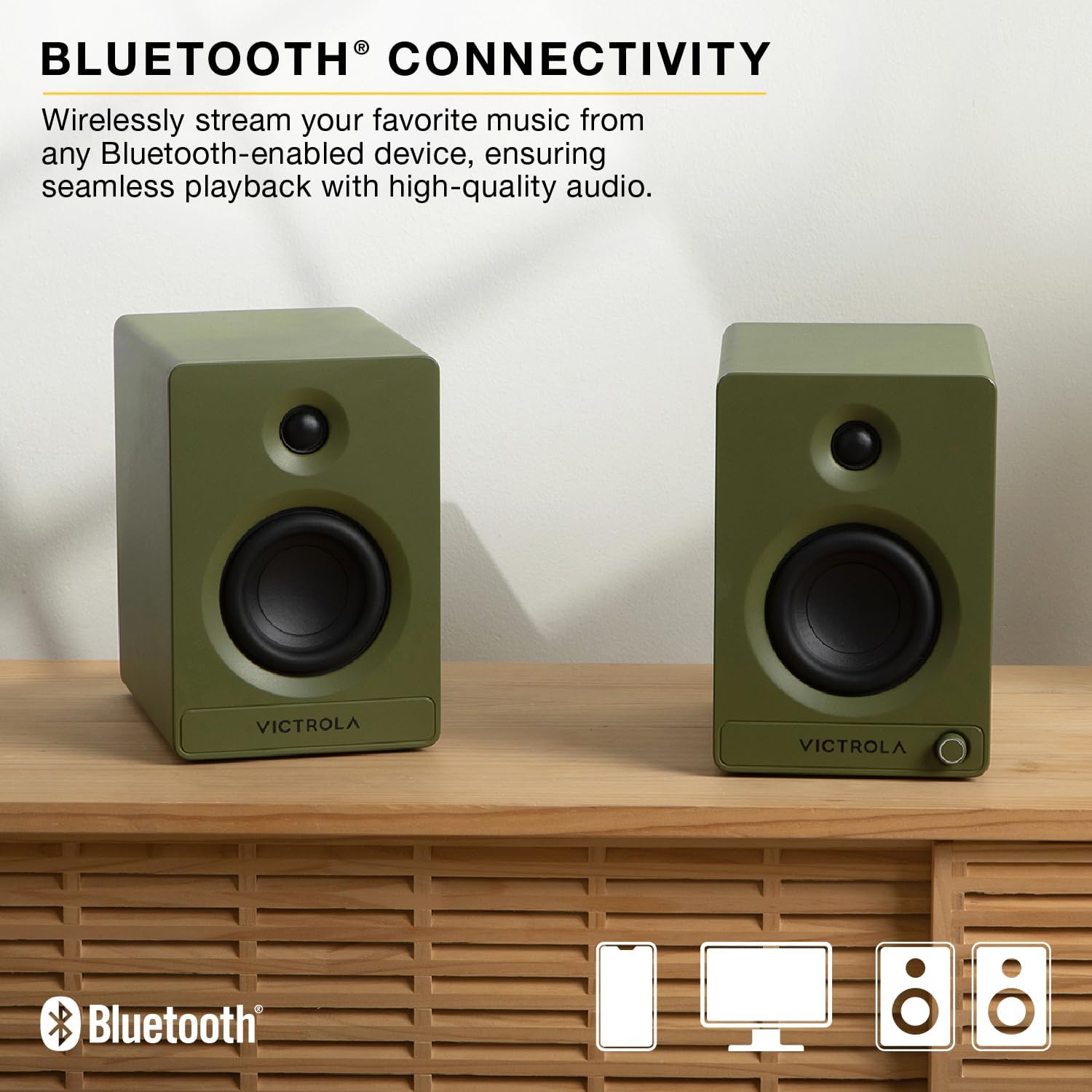 Victrola Tempo – Bluetooth Bookshelf Speakers – Room-Filling Sound, Bluetooth Input, Multi-Speaker Streaming Using Auracast, USB-C Computer Input, Turntable Inputs, Subwoofer Output (Pair, White)