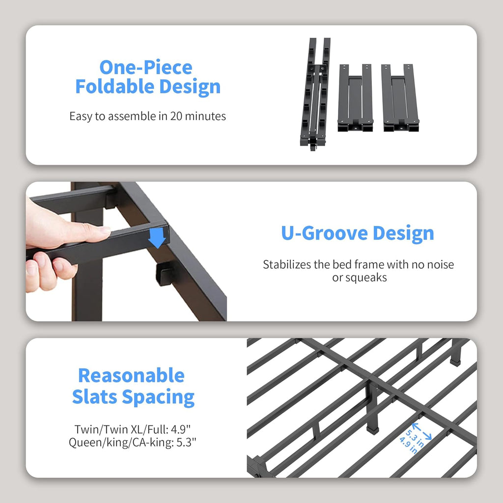 ROIL 14 Inch Full Size Bed Frame with Mattress Slide Stopper - Double Black Basic Anti Squeak Steel Slats Metal Platform, Heavy Duty Noise Free Easy Assembly Bedframes, No Box Spring Needed