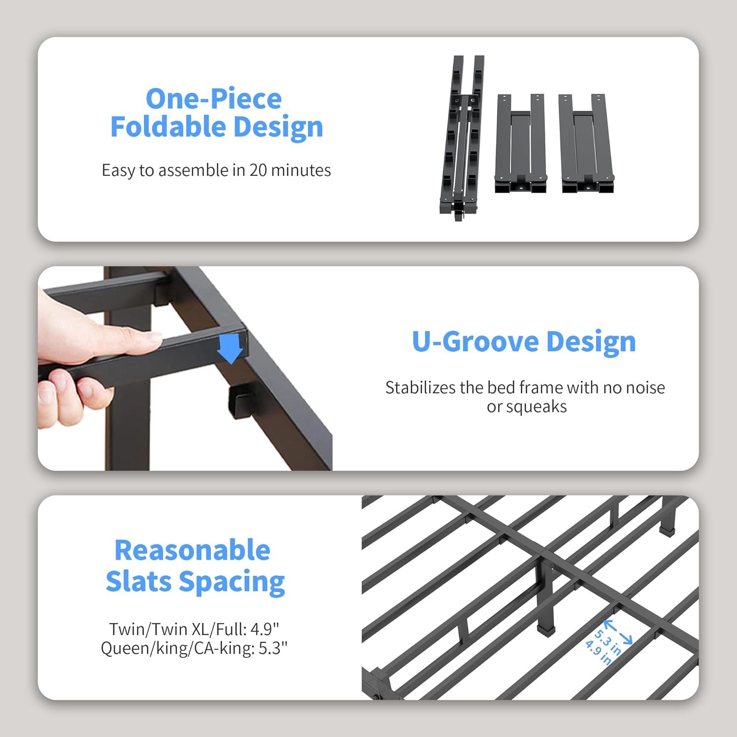 ROIL 14 Inch Full Size Bed Frame with Mattress Slide Stopper - Double Black Basic Anti Squeak Steel Slats Metal Platform, Heavy Duty Noise Free Easy Assembly Bedframes, No Box Spring Needed