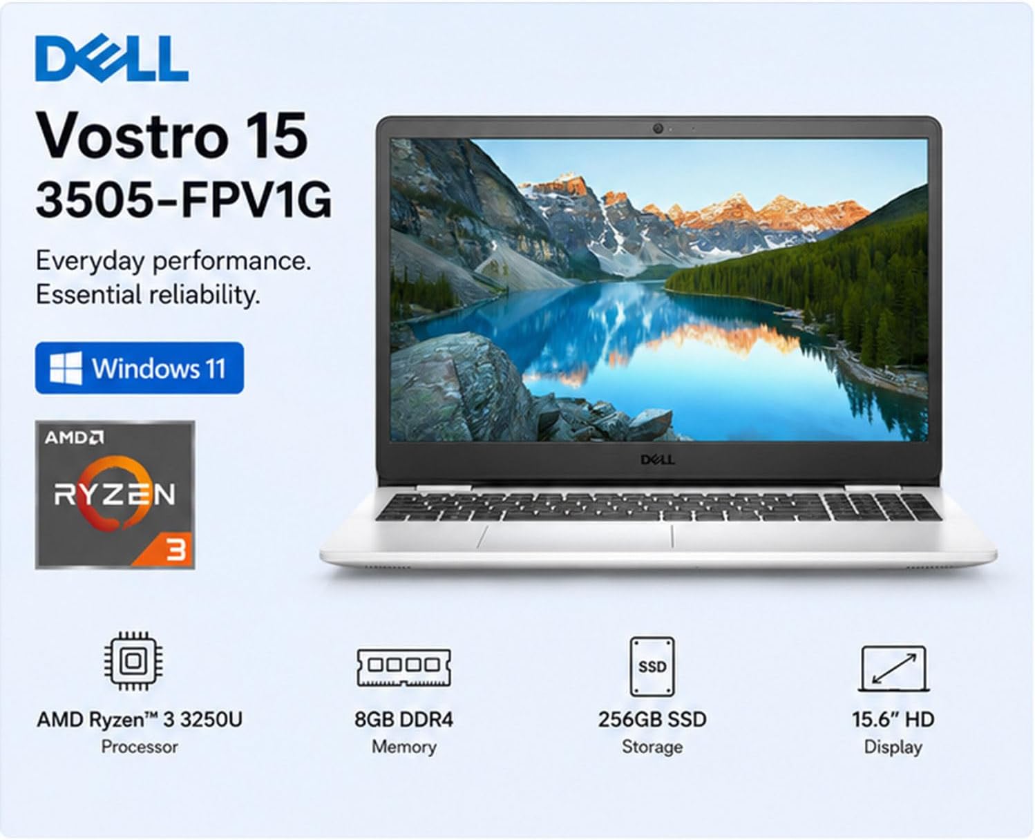 Dell Inspiron 15.6" FHD Business Laptop, AMD Ryzen 3 3250U, 8GB RAM, 256GB PCIe SSD, HDMI, Card Reader, Wi-Fi & Bluetooth, Windows 11