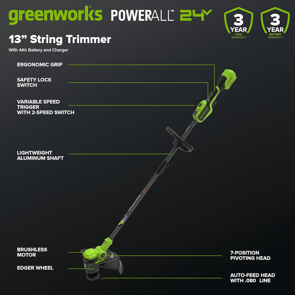 Greenworks 24V 13" Brushless String Trimmer, 2-in-1 Trimmer/Edger with Auto-Feed, 4.0Ah Battery, 65W Type-C Charger, 10 Blades, 3-Year Warranty, Powers 200+ Tools