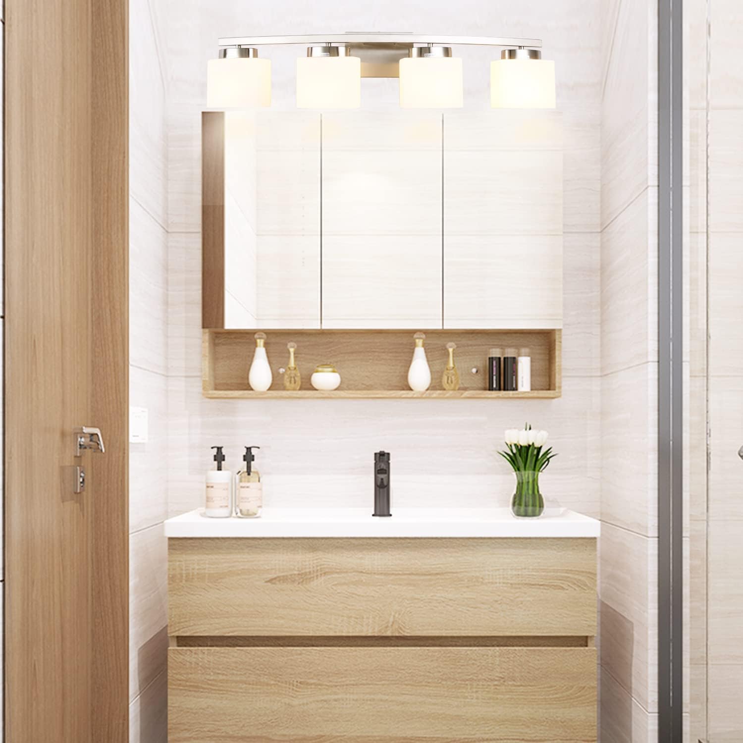 4-Light Brushed Nickel Vanity Light Fixture with White Glass Shade for Bathroom Over Mirror, 31.5 Inches