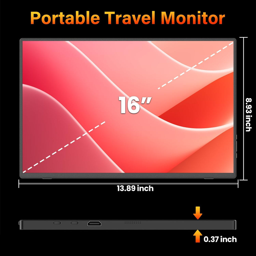 Upperizon Portable Monitor 16 inch 2K QHD 2560X1600 450 Nits 106% sRGB 144 Hz HDR HDMI USB-C Travel Monitor for Laptop Mac PC Surface PS5 Xbox, External Display with Cover & Speakers, VESA Compatible