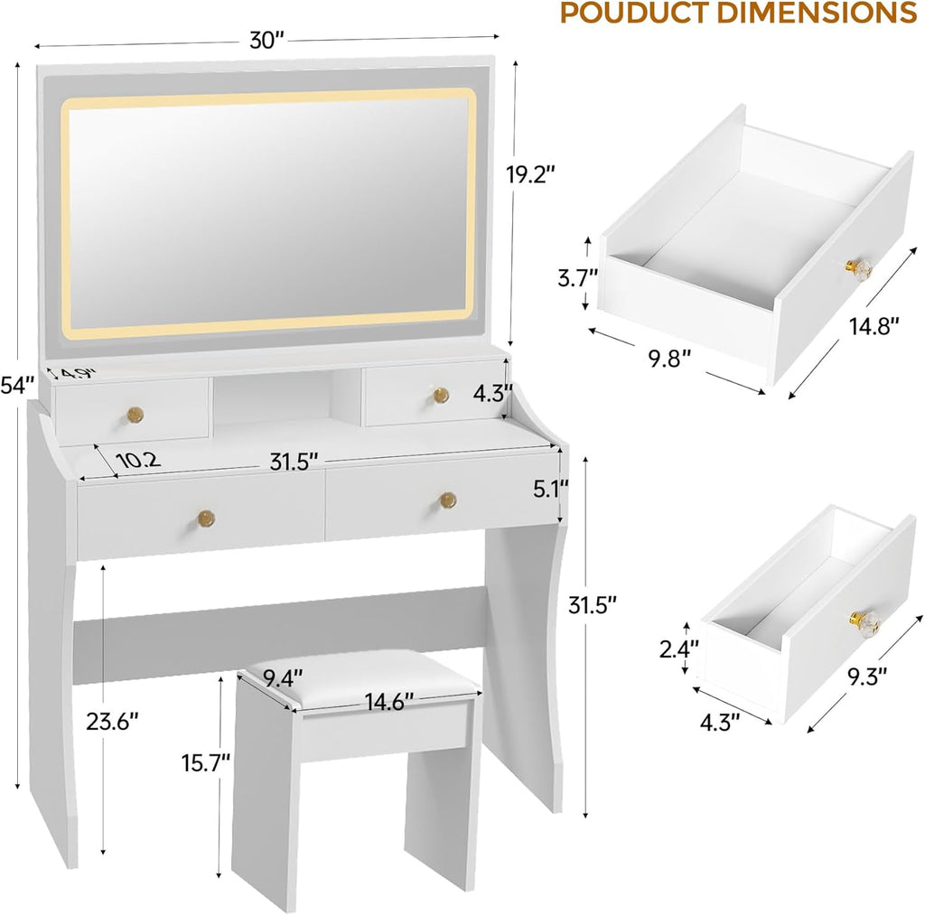 COMHOMA Makeup Vanity Desk with Mirror and Lights, Vanity Table and Chair Set with 5 Drawers & Charging Station, Bedroom Dressing Table, Stepless Dimmable & 3 Color Modes Adjustable, Snow White