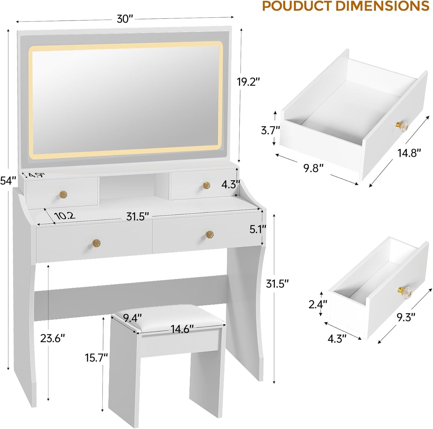 COMHOMA Makeup Vanity Desk with Mirror and Lights, Vanity Table and Chair Set with 5 Drawers & Charging Station, Bedroom Dressing Table, Stepless Dimmable & 3 Color Modes Adjustable, Snow White
