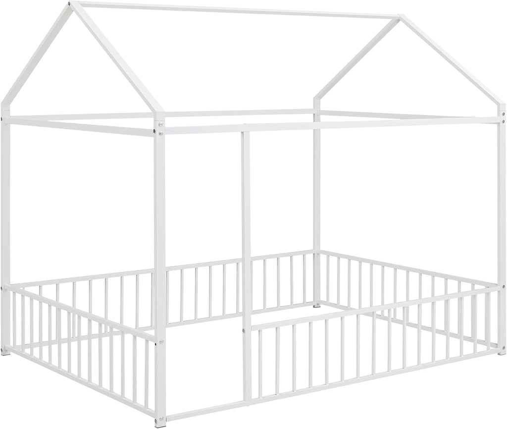 Bellemave Full Size House Floor Montessori Bedframe with Rails and roof, Metal House Bed for Kids, Montessori Floor Beds for Kids White