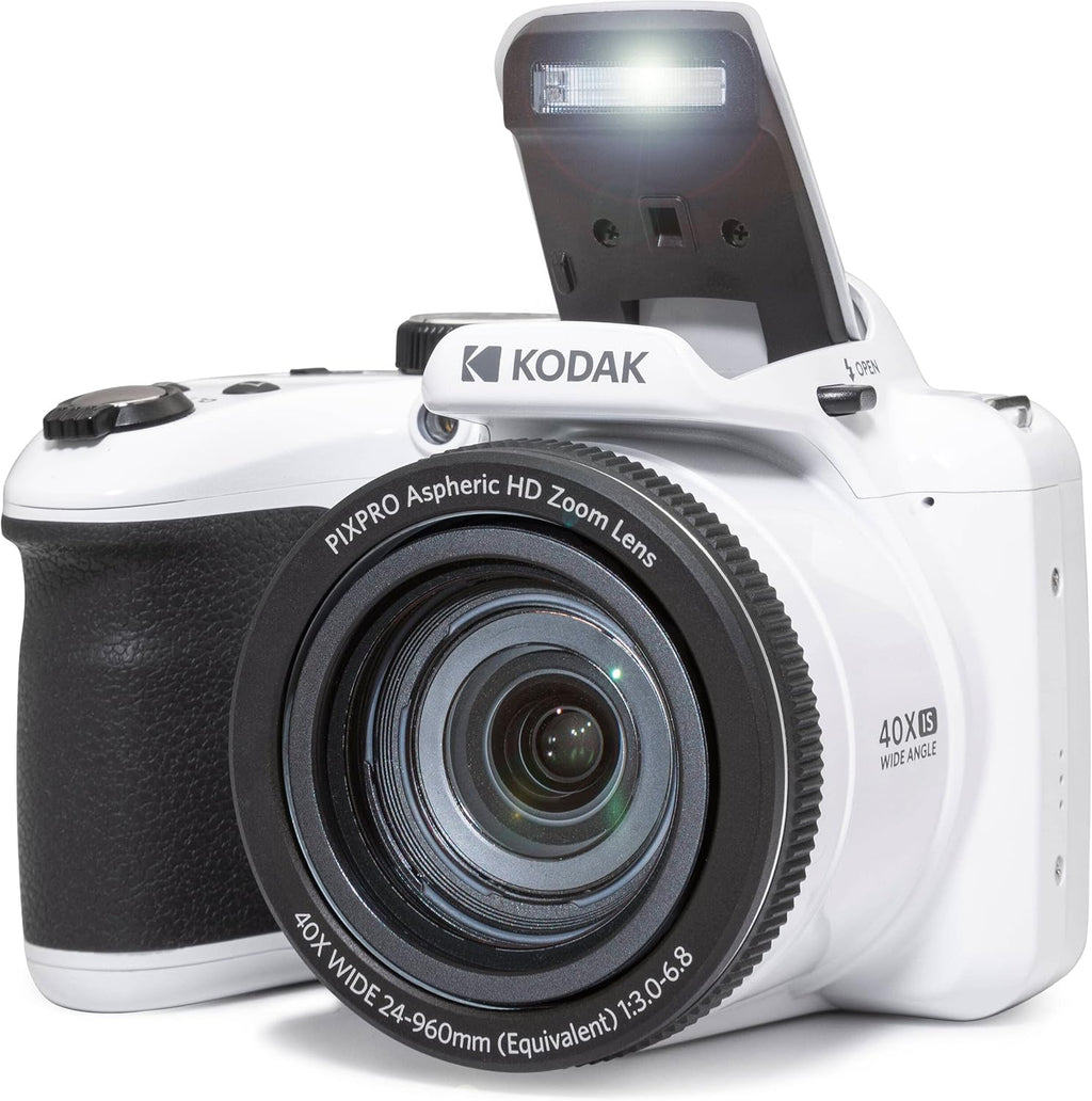 Kodak PIXPRO AZ405 Digital Camera (White) Bundle with Case, 32 GB SD Memory Card, Memory Card Wallet, Card Reader, Table Tripod, 4 AA Batteries & White Charger and Cloth