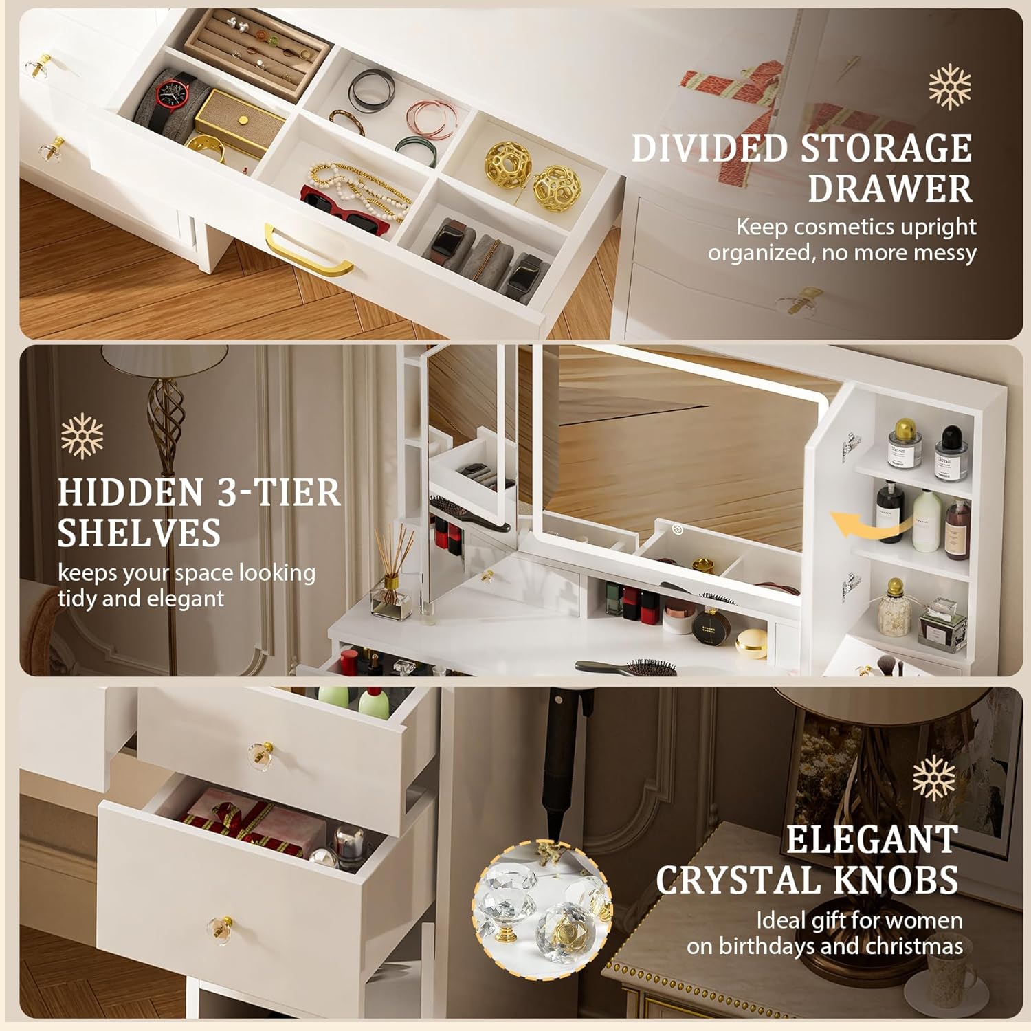 COMHOMA Vanity Desk with 3 Way Mirror and Lights, Large Makeup Vanity Table Set with Charging Station, 3 Lighting Modes & 360° View Mirror, 7 Drawers Dressing Table for Women Girls Bedroom, White
