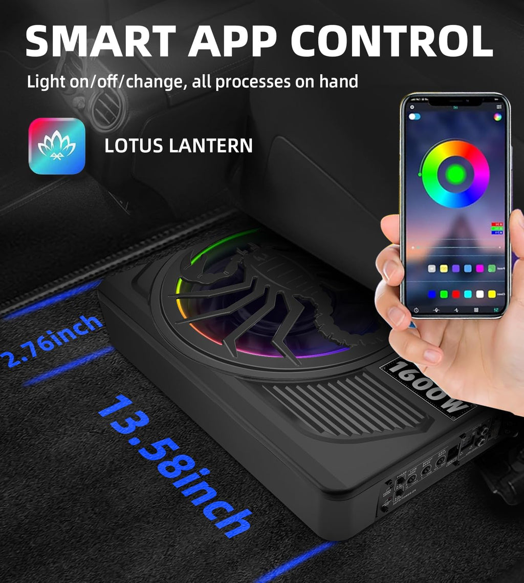 1600W Slim Under seat Car Subwoofer and Amp Package, Powered Subwoofer with Built-in Amp, Subsonic Deep Bass, RGB Beat Light, Low Pass/Gain/Bass Boost Control, for Truck, SUV, Jeep, Car Audio