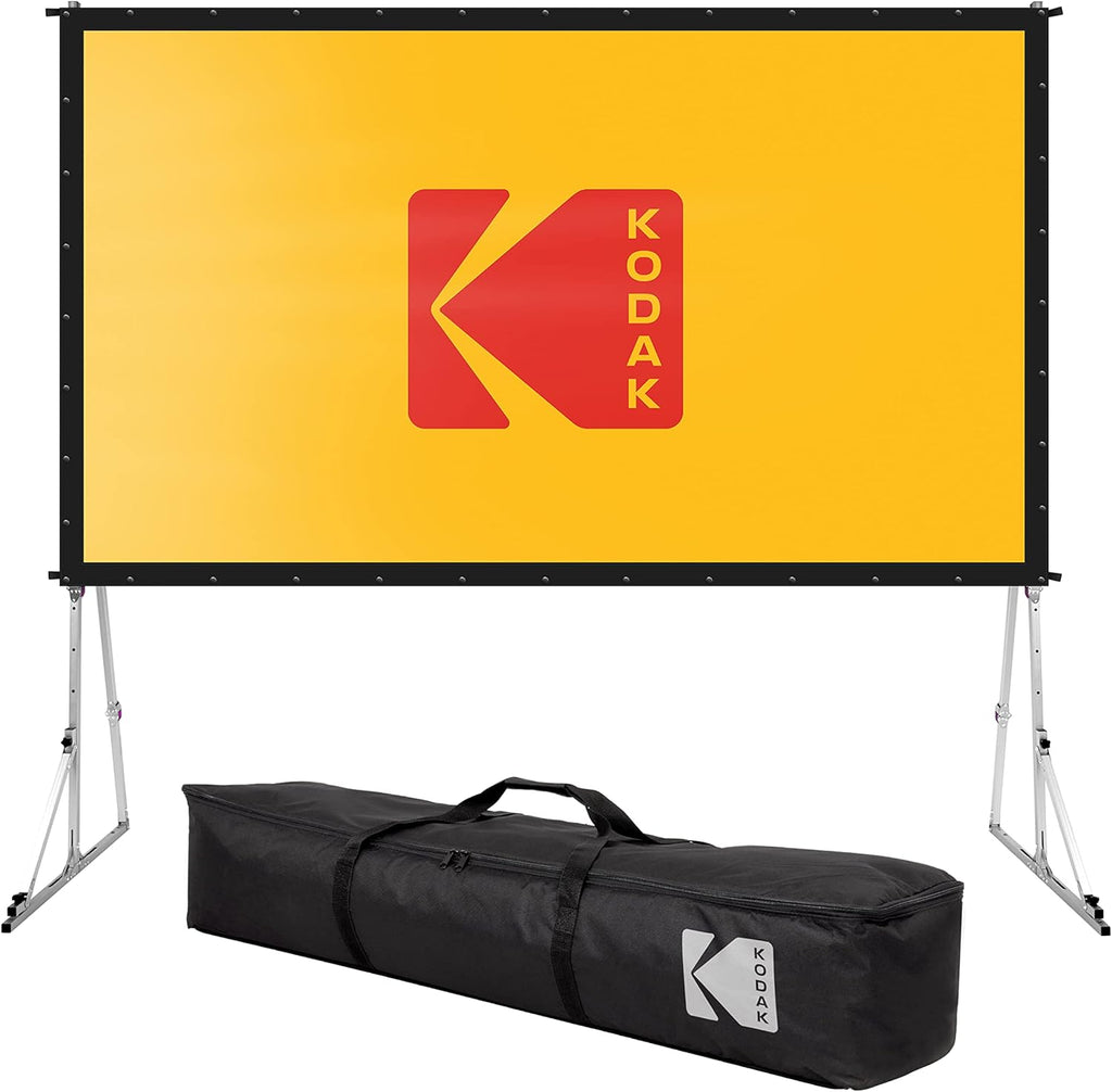 Kodak 150” Portable Projector Screen W/Stand - Fast Fold White Projection Backdrop for Outdoor & Indoor Movies with Tripod, Outdoor Stability Kit, & Black Storage Carry Case