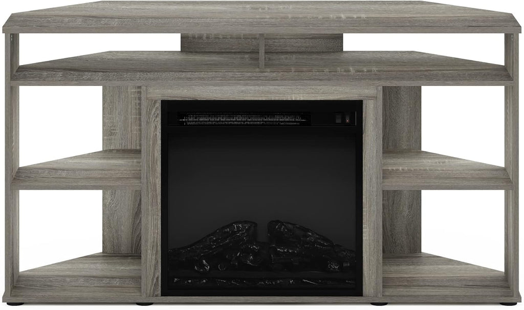 Furinno Jensen Corner TV Stand with Fireplace for TV up to 55 Inches, French Oak Grey