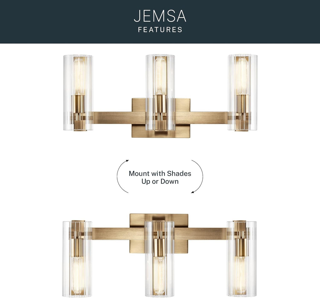 Kichler Jemsa 3-Light Bathroom Vanity Light Fixture with Clear Fluted Glass in Champagne Bronze for Modern Bathroom or Powder Room Wall Lighting (9.75 x 22.75 in), 55168CPZ