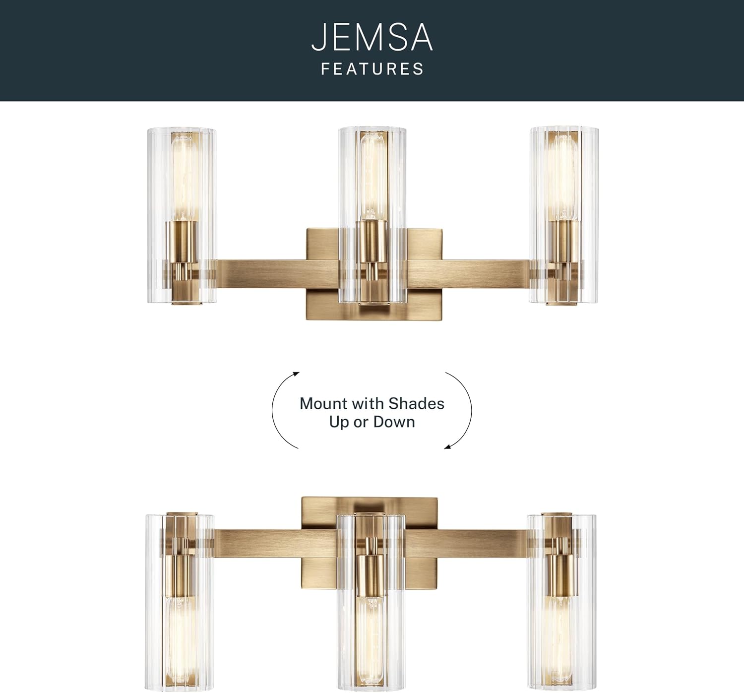 Kichler Jemsa 3-Light Bathroom Vanity Light Fixture with Clear Fluted Glass in Champagne Bronze for Modern Bathroom or Powder Room Wall Lighting (9.75 x 22.75 in), 55168CPZ