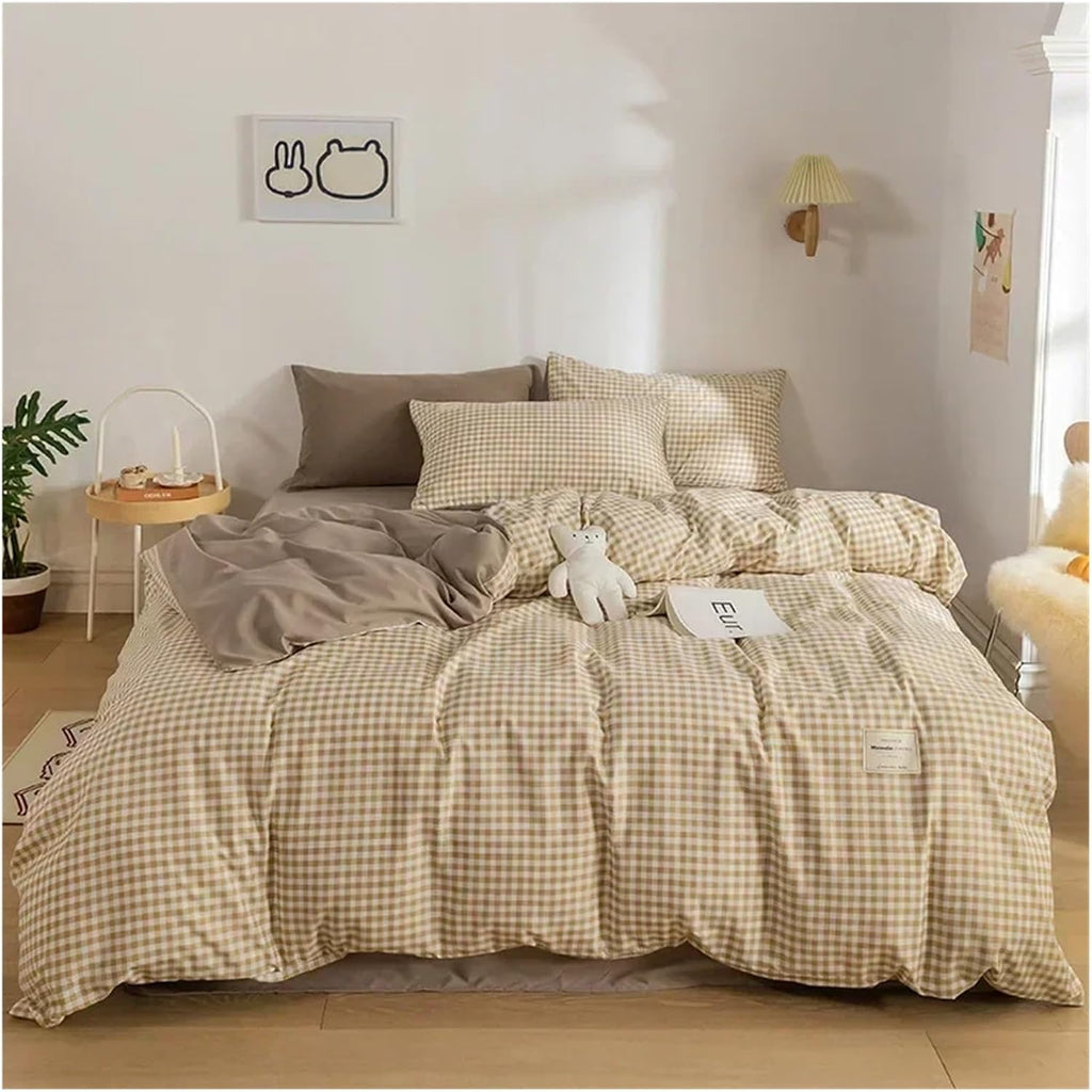 Bedding Set Grid Dyed Cotton Washed Cotton Four-Piece Set Pure Cotton Brushed Simple Soft Bed Sheet Quilt Cover Linens,Bed Sheets