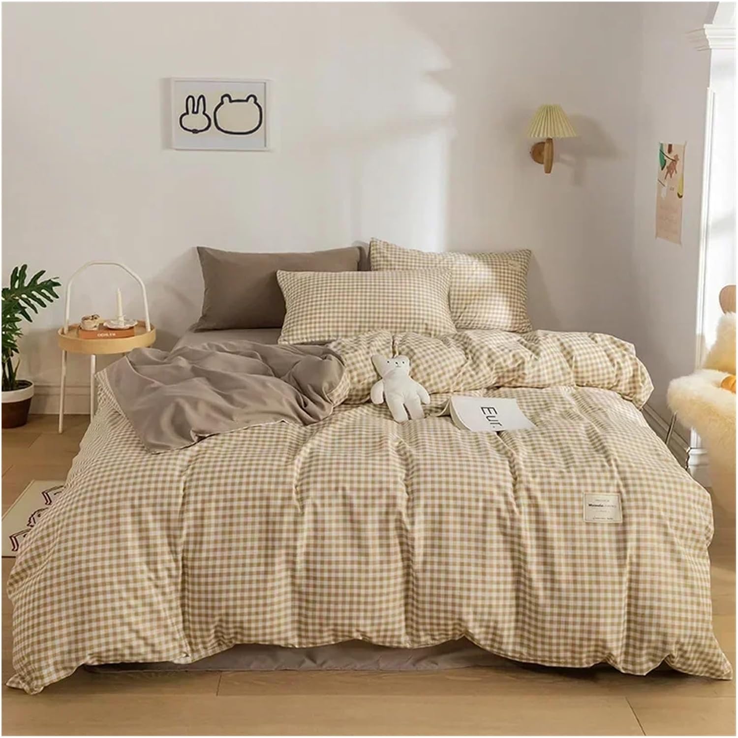Bedding Set Grid Dyed Cotton Washed Cotton Four-Piece Set Cotton Brushed Simple Soft Bed Sheet Quilt Cover Linens,Bed