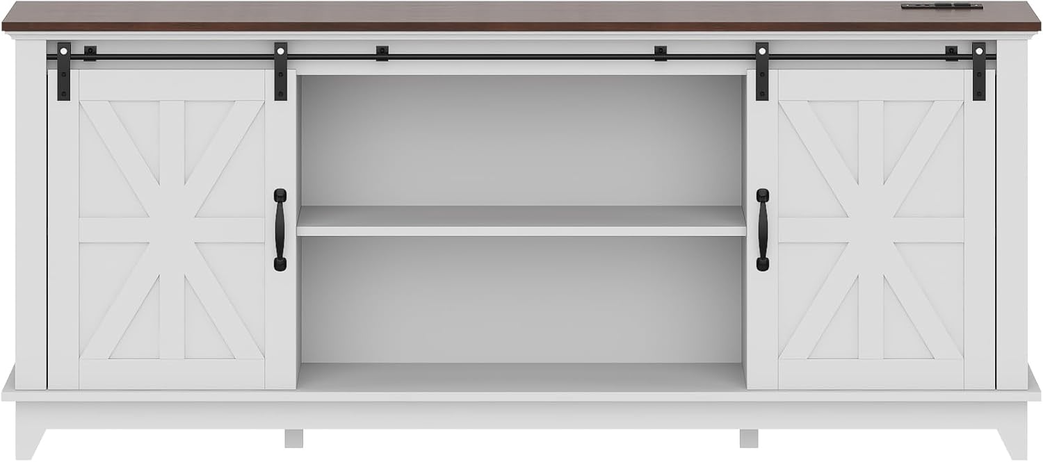 Classic Farmhouse TV Stand Cabinet for 75" Television, Home Entertainment Center with Adjustable Shelf & Sliding Barn Doors, Media TV Console Table for Living Room, 15.8D x66W x28H, Farmhouse White