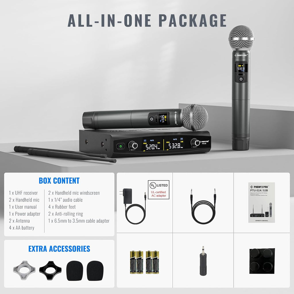 Phenyx Pro Wireless Microphone System, Metal Wireless Mic Set, Handheld Cordless Dynamic Microphones for Singing, Karaoke, Church, 2x30 UHF Tunable Frequencies,200 ft Range (PTU-52-2H)