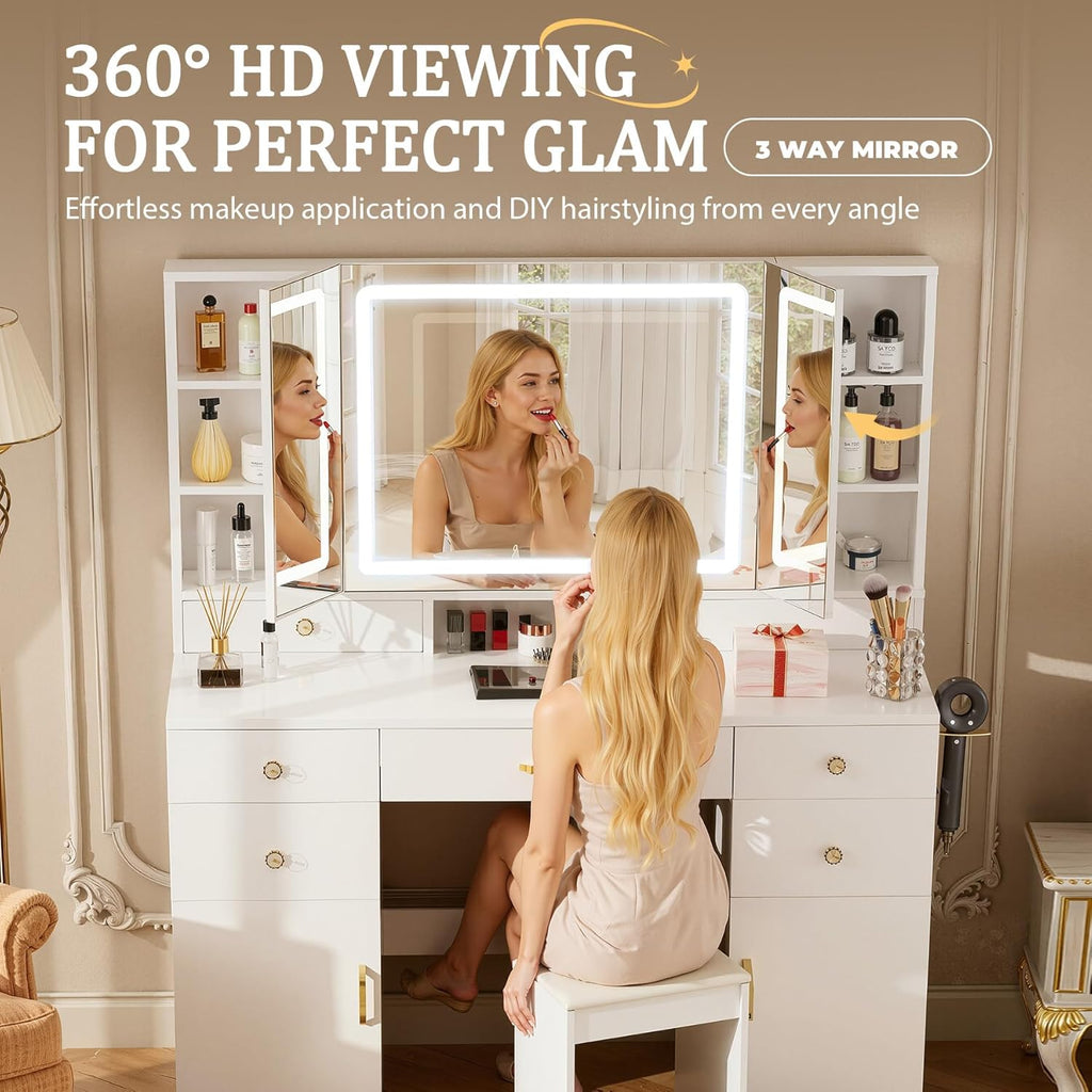 COMHOMA Vanity Desk with 3 Way Mirror and Lights, Large Makeup Vanity Table Set with Charging Station, 3 Lighting Modes & 360° View Mirror, 7 Drawers Dressing Table for Women Girls Bedroom, White