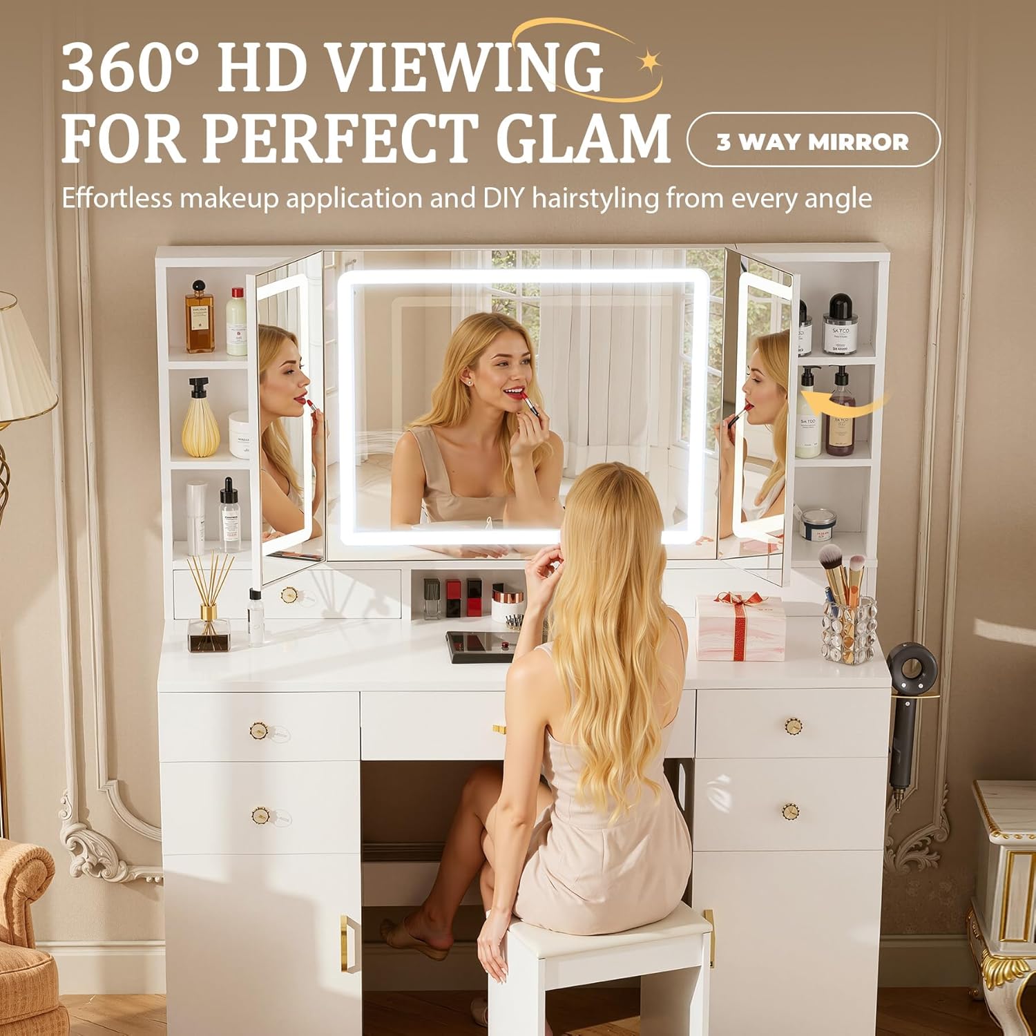 COMHOMA Vanity Desk with 3 Way Mirror and Lights, Large Makeup Vanity Table Set with Charging Station, 3 Lighting Modes & 360° View Mirror, 7 Drawers Dressing Table for Women Girls Bedroom, White