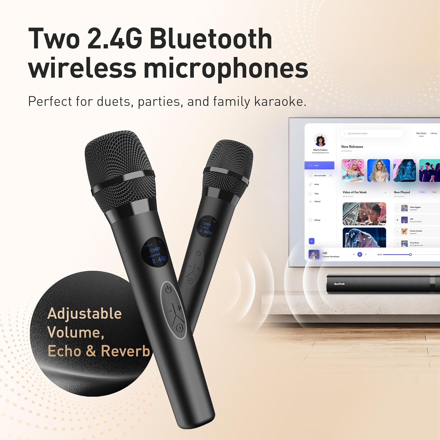 Soundbar with Subwoofer for TV, Home Theater Bluetooth 5.3 Speaker System with 2 Wireless Karaoke Mics, Surround Sound Audio with HDMI ARC, Optical, AUX, USB for Movie, Music, Family Party(Peak 280W)