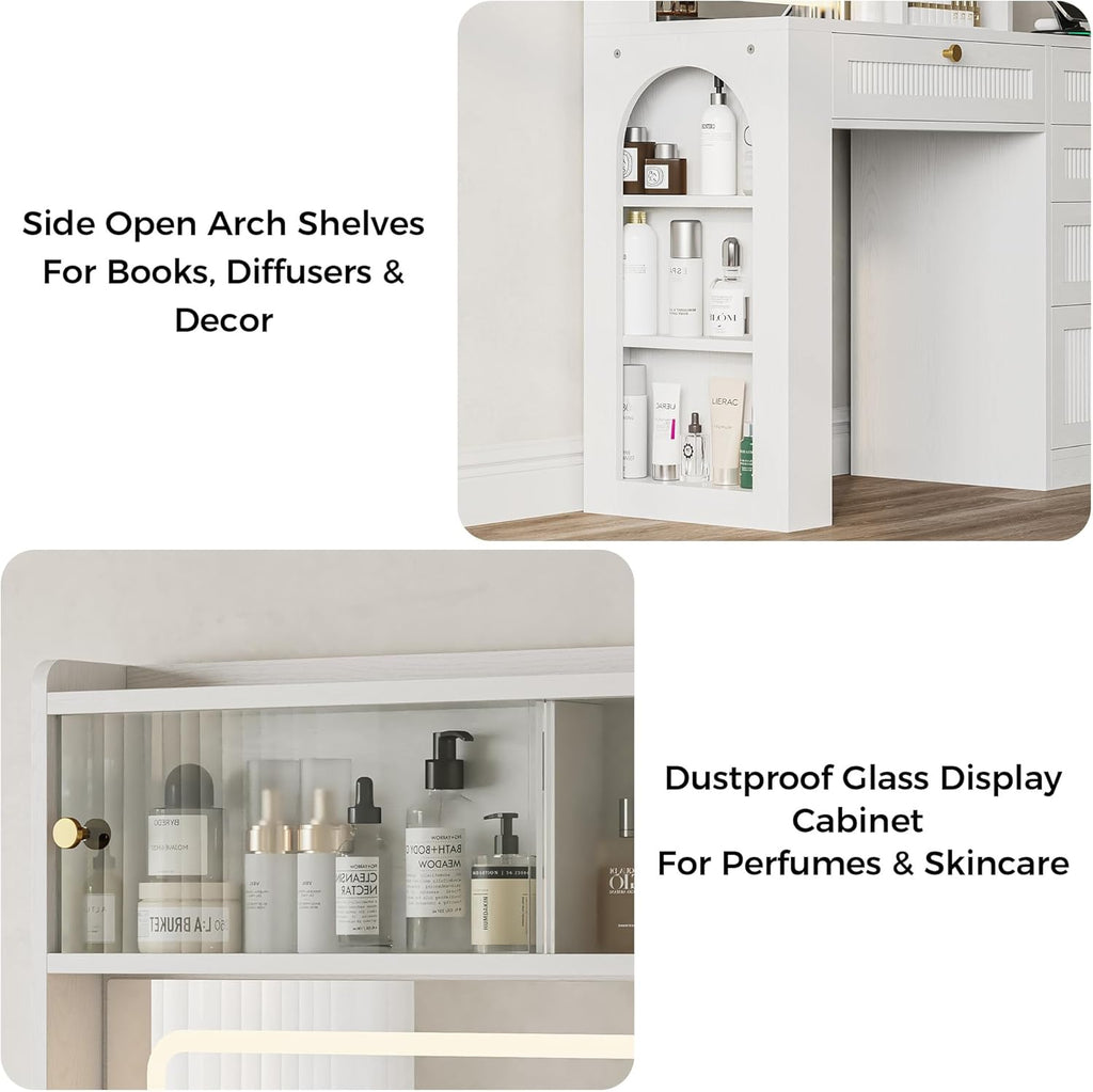 IRONCK Vanity Desk with LED Lighted Mirror, 3-Color Dimmable Makeup Vanity with Glass Top & Charging Station & Hair Dryer Holder, 4 Drawers & Open Shelves, 63" H Vanity for Bedroom, White