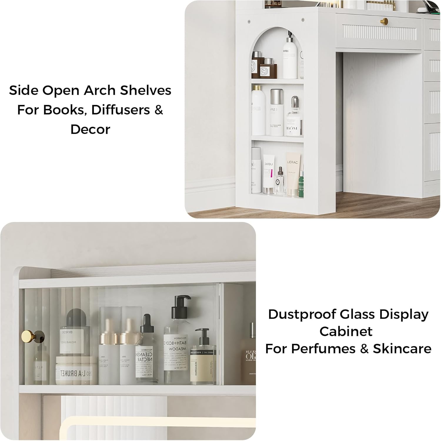 IRONCK Vanity Desk with LED Lighted Mirror, 3-Color Dimmable Makeup Vanity with Glass Top & Charging Station & Hair Dryer Holder, 4 Drawers & Open Shelves, 63" H Vanity for Bedroom, White