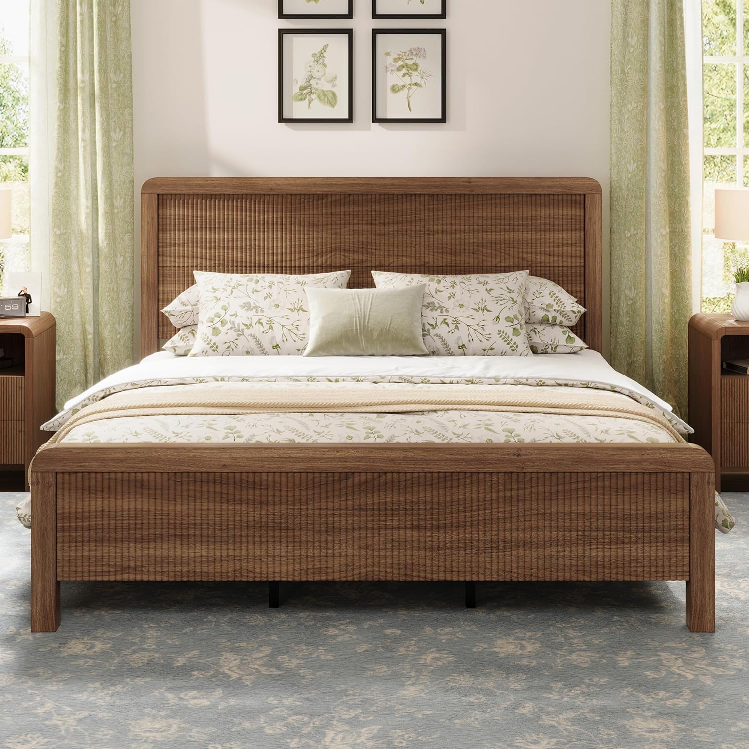 AMERLIFE Wood Queen Size Bed Frame with Headboard & Footboard, Modern Fluted Wooden Platform Bedframe with Rounded Safety Edges, Wood Slat Support, No Box Spring Needed, Easy Assembly, Walnut